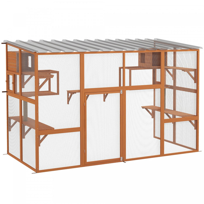 PawHut Catio Outdoor Cat Enclosure, 76\"Large Wooden Outdoor Cat House with Condos, Jumping Platforms, Scratching Posts, Waterproof Roof, Walk-in Kitty Cage for 1–5 Kittens, Orange