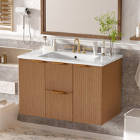Aiden 36-Inch Wall-Mounted Bathroom Vanity with Soft-Close Storage and Ceramic Sink,Wood 