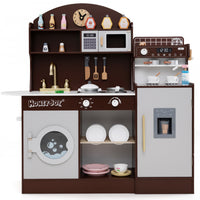 Honeyjoy Kids Kitchen Set Wooden Kitchen Playset With Clock, Microwave, Sink, Dish Rack Brown
