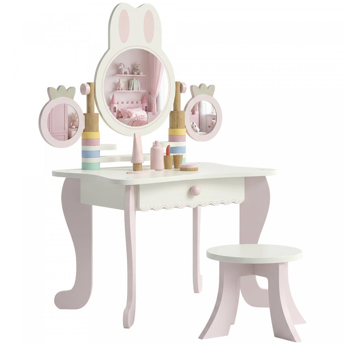 Qaba Kids Vanity Set, Kids Makeup Vanity Table and Chair with Triple Mirrors and 5 Pcs Accessories, Toddler Dressing Table with Drawer, Pretend Makeup Playset for Girls 3+, Pink