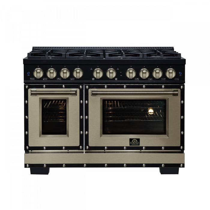 Forno Ambassador 48\" Dual Fuel Range, Black, 8 Sealed Burners, 6.7 Cu.Ft. Ovens - FFSGS6199-48CPBLK