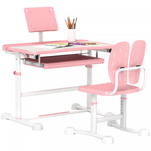 Qaba Kids Desk And Chair Set, Height Adjustable Kids Study Table And Chair Set With Tilt Desktop, Large Writing Board, Storage Drawer, Book Stand For 3-12 Years, Pink