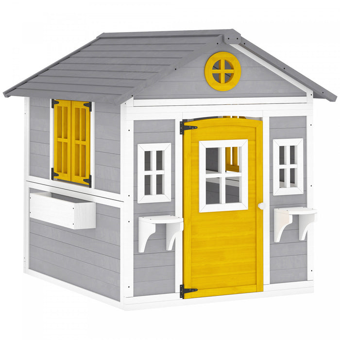 Outsunny Kids Outdoor Playhouse, Wooden Toddlers Large Pretend Play Equipment or Chicken Coop with Door, Windows, Planter Pots for Indoor Playroom, Gift Toys for 3-8 Years, Yellow