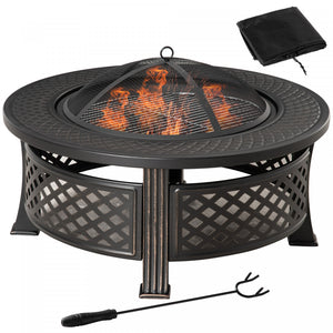 Outsunny Outdoor Fire Pit, Round Firepit With Grill Net, Mesh Lid, Bronze