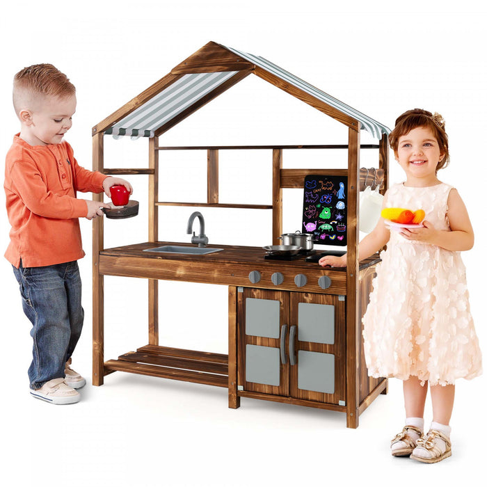 Costway Wooden Mud Kitchen With Chalkboard, Stoves, Removable Sink & Accessories Natural