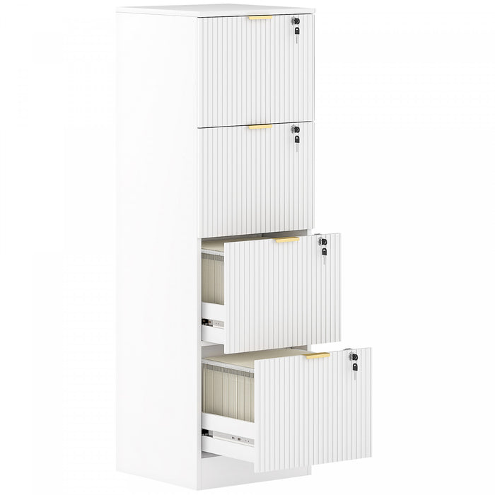 HOMCOM 4 Drawer File Cabinet Fluted Vertical Filing Cabinet with Lock White