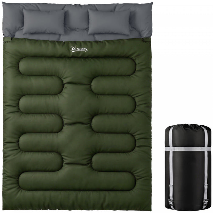 Outsunny Double Sleeping Bag for Adults, Queen Size 2 Person Sleeping Bag, Lightweight Quilt with 2 Pillows, for Cold Weather & Warm, Camping Hiking Backpacking, Army Green