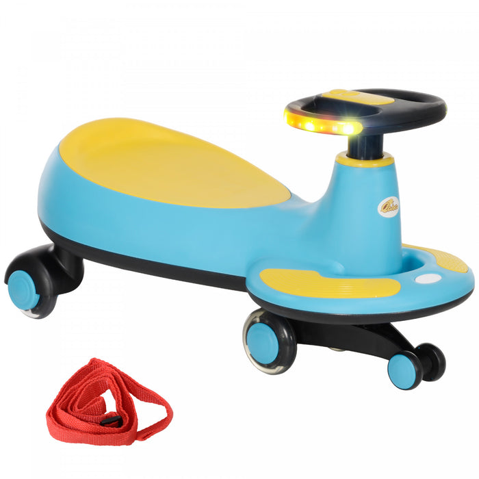 Qaba Wiggle Car For Toddlers 2-6 Years, Kids Swing Car W/ Parent Traction Rope, Music, Light, Ride On Car No Batteries, Gears Or Pedals, Twist, Turn, Wiggle Movement To Steer, Blue