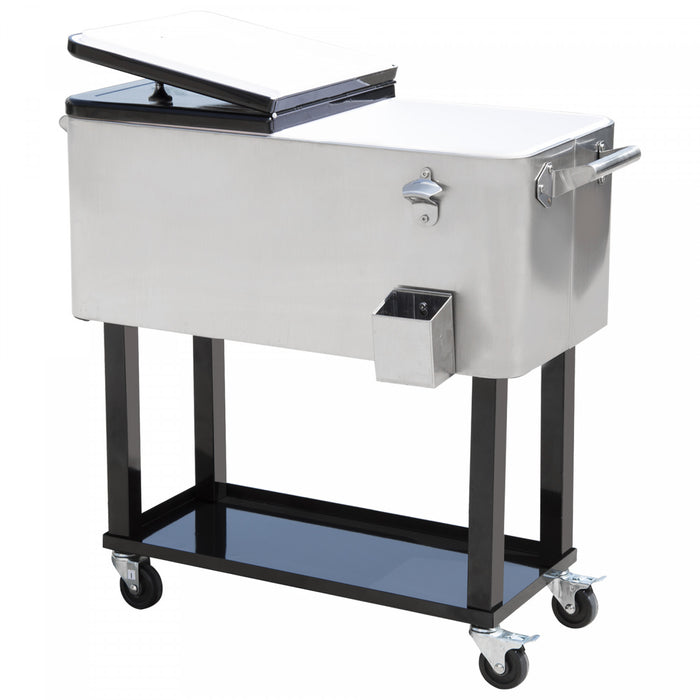 Outsunny 80 Quart Rolling Cooler Cart Ice Beer Beverage Cooling Bin, Silver