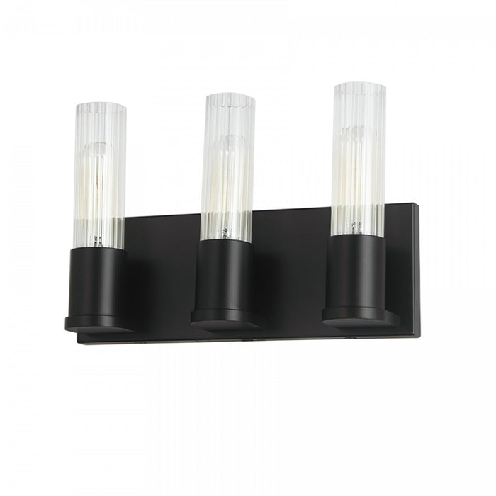 Dainolite Tube 3 Light Vanity Light Matte Black Clear Fluted Glass Lamp