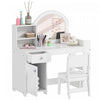 Qaba Kids Vanity Set with Lighted Mirror, Toddler Dressing Table and Chair Set with Cabinet, Drawer and Shelves, Pretend Makeup Playset for Girls 3-8 Years Old, White