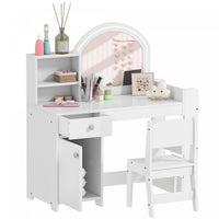 Qaba Kids Vanity Set with Lighted Mirror, Toddler Dressing Table and Chair Set with Cabinet, Drawer and Shelves, Pretend Makeup Playset for Girls 3-8 Years Old, White
