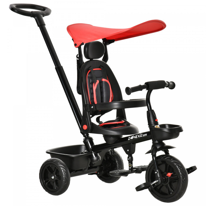 Qaba Kids Tricycle 4 In 1 Trike With Reversible Angle Adjustable Seat Removable Handle Canopy Handrail Belt Storage Footrest Brake Clutch For 1-5 Years Old Red