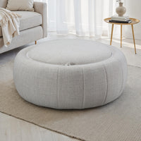 Demi Round Upholstered Storage Ottoman with Faux-Marble Tray Top and Hidden Storage - Cream 