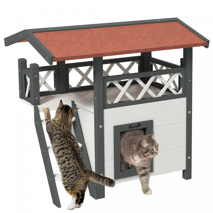 Pawhut Outdoor Cat House, 2-story Shelter For Feral Cats, Wooden Kitten Condo With Asphalt Roof, Stairs, Balcony, 30\" X 20\" X 29\", White