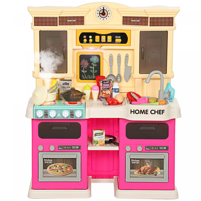 Qaba Kids Kitchen Playset for Toddler, Play Kitchen Set with Real Lights and Sounds, Sink, Stove, Clock, Cookware Accessories, Play Food Set for Aged 3-6 Years Old, Pink