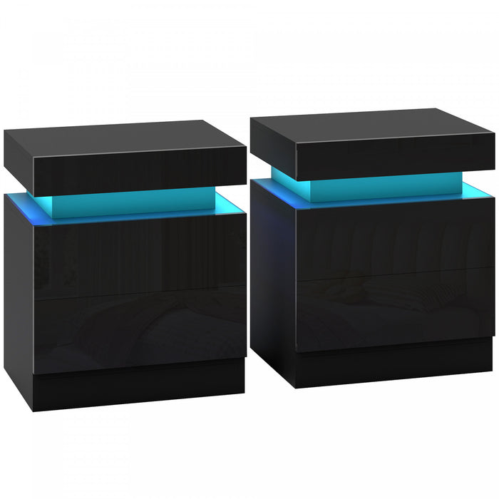 HOMCOM Nightstand Set of 2, Side Table with LED Lights, Black