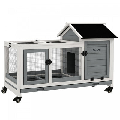 PawHut Indoor Rabbit Hutch with Wheels, Bunny Cage with Ramp, Run, Pull Out Tray, Suitable for Rabbit, Guinea Pig, Grey