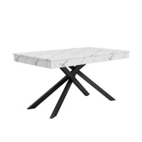 FlexDine 55-71 Inch Rectangular Extendable Dining Table with Cross Legs and Marble Effect Finish, White Marble