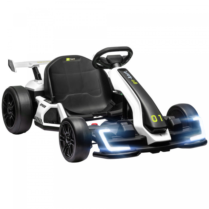 Aosom Go Kart, 24v Electric Kids Drift Kart With Adjustable Seat, Slow Start, Seat Belt, Horn, Music, Light, Battery Powered Ride On Cart For 6-12 Years Old, White