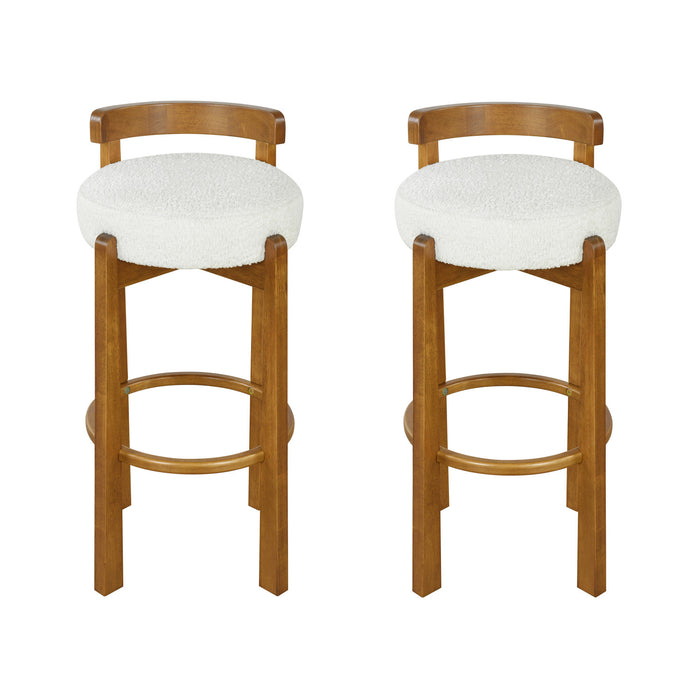 Elise Modern Round Seat Rubberwood Bar Stool Set of 2 with Curved Back Support and Sherpa Upholstery,White