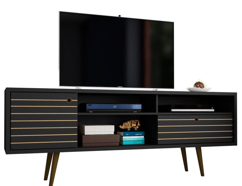 Manhattan Comfort Liberty 70.86\" Mid-Century Modern TV Stand with 4 Shelving Spaces & 1 Drawer - Black