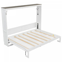 Olivia Solid Wood Murphy Bed with LED Light and Foldable Cabinet,Queen Size,White Queen Bed 