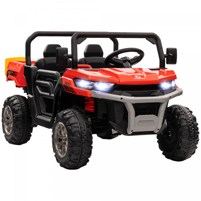 Aosom 12v Ride On Car With Electric Bucket, Two-seater Battery-powered Cars For Kids With Shovel, Remote Control, Spring Suspension, Horn, Music, Red