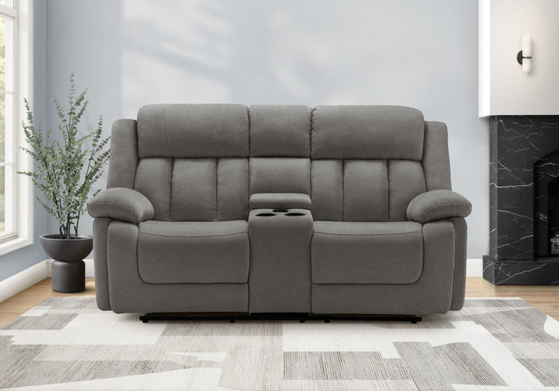 MONARCH SPECIALTIES 2-SEATER POWER RECLINING UPHOLSTERED LOVE SEAT, 76\" WIDE, LIGHT GREY FABRIC, TRANSITIONAL RECLINER