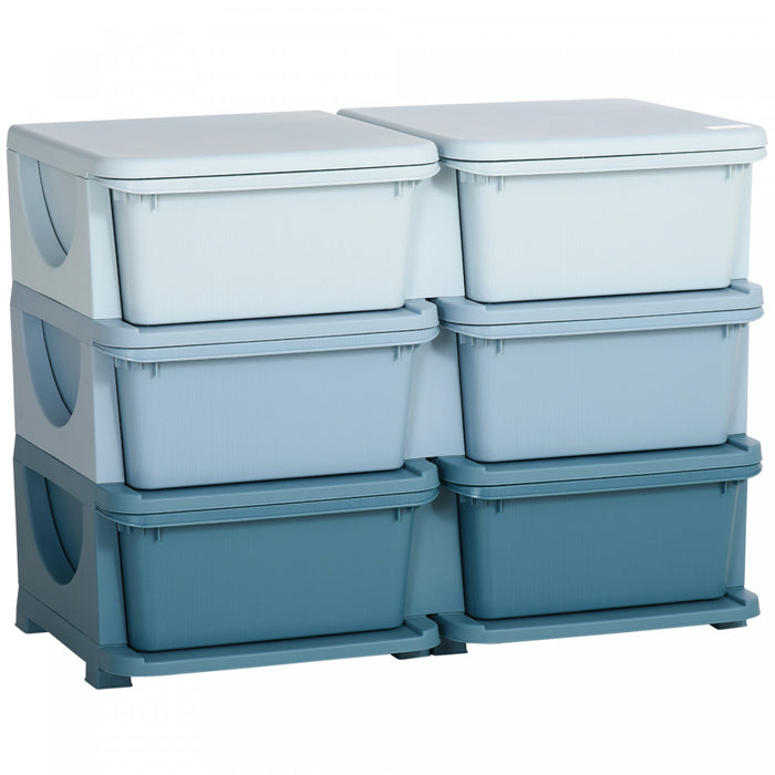 Qaba Kids Toy Storage Organizer With 6 Plastic Bins, 3 Tier Drawer Chest Utility For Kids Bedroom Nursery Kindergarten Living Room For Boys Girls Toddlers, Blue