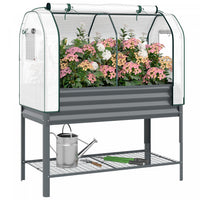 Outsunny Galvanised Raised Garden Bed with Greenhouse Cover, Dark Grey