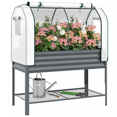 Outsunny Galvanised Raised Garden Bed with Greenhouse Cover, Dark Grey
