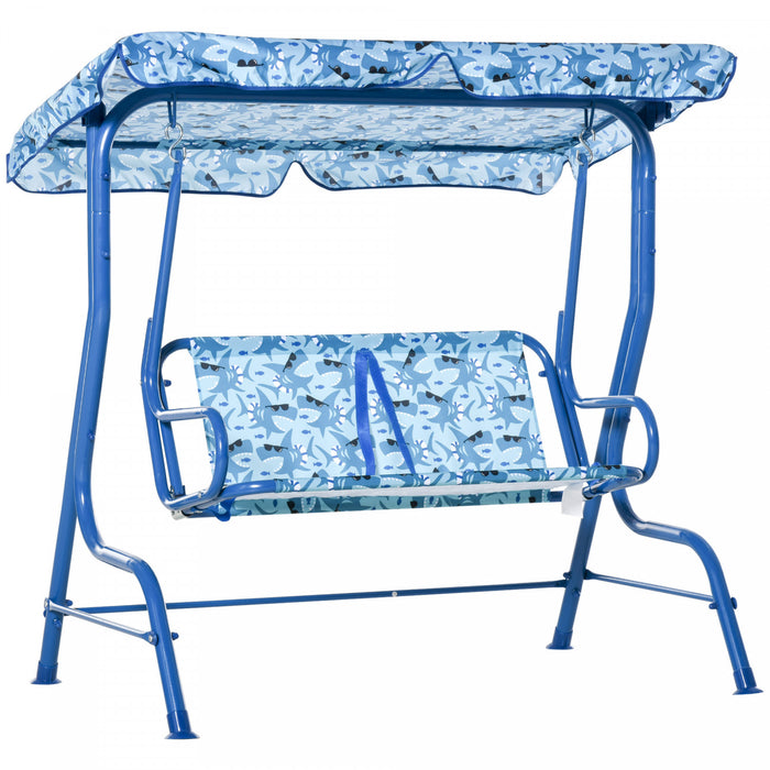 Outsunny 2-seat Kids Porch Swing Chair, Children Outdoor Patio Furniture Lounge Chair For Garden, With Adjustable Canopy, Seat Belt, Shark Pattern, For 3-6 Years Old, Blue