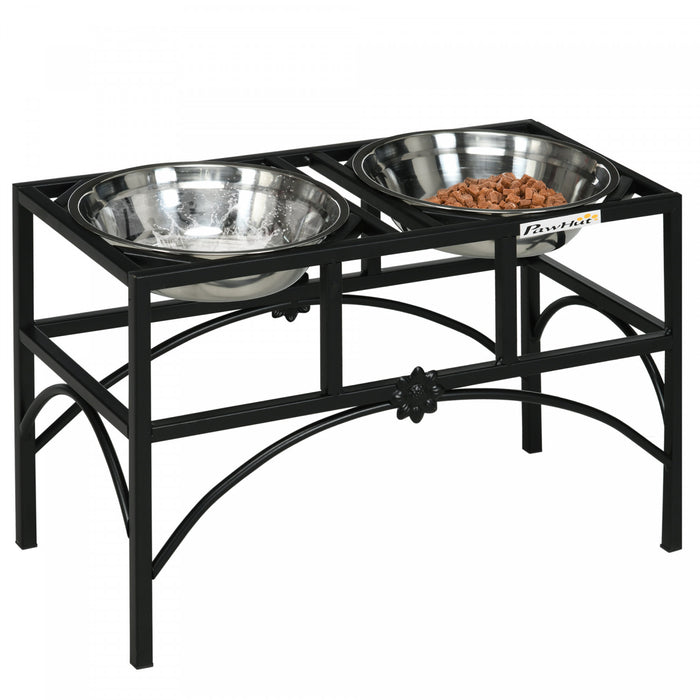 Pawhut Feeding Station With Sleek And Heavy-duty Materials, Dog Food Stand For Medium Sized Dogs, Stainless Steel Elevated Dog Bowls Built To Stay Put In Frame, Black