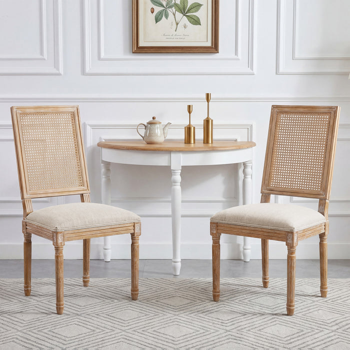 Oliver Solid Wood Rubberwood Dining Chair Set of 2 with Upholstered Seat Cane Backrest and Fluted Legs,Beige
