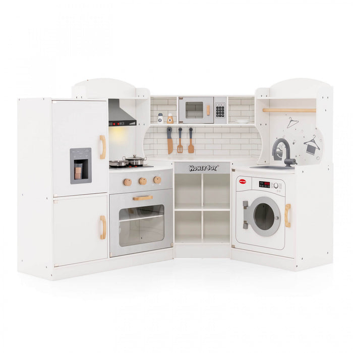 Costway Corner Play Kitchen Toddler Kitchen Playset With Range Hood, Ice Maker, Microwave