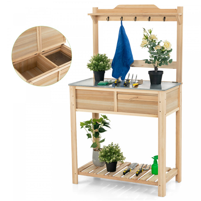Costway Outdoor Garden Potting Bench Table Wooden Work Station W/metal Top Open Shelf