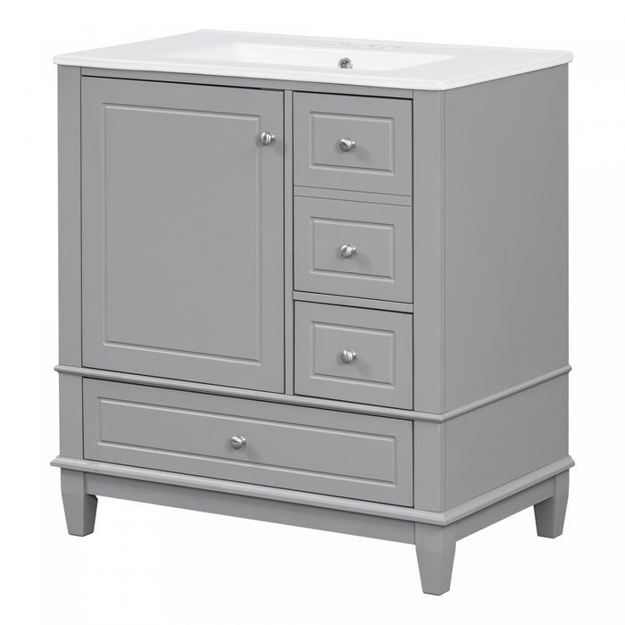 Emma 30\" Solid Wood Bathroom Vanity with Ceramic Sink and Soft-Close Door, Grey