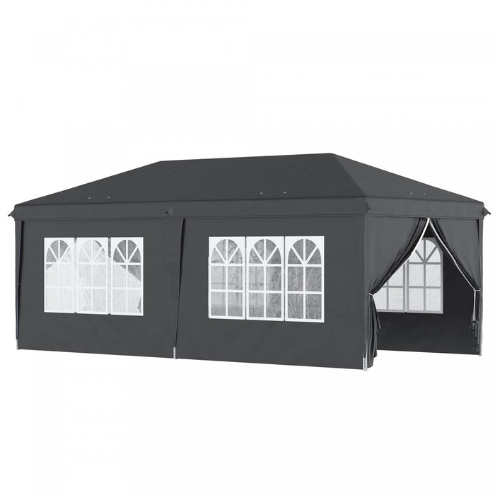 Outsunny 10' X 20' Pop Up Canopy With 6 Walls, Outdoor Easy Up Canopy Party Tent With Steel Frame, Drainage Holes, Instant Garden Shade Shelter With Carrying Bag, Black