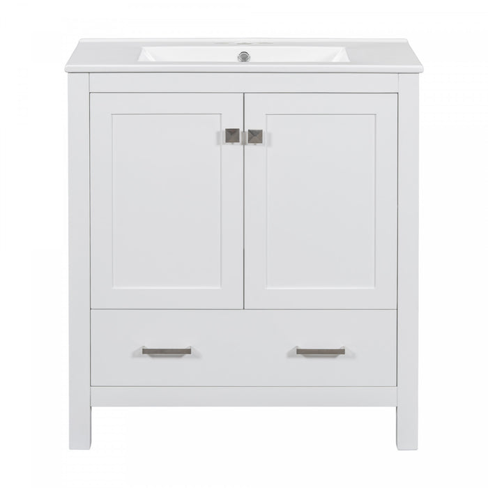 Erica 30\" Solid Wood Bathroom Vanity With Single Ceramic Sink, Soft-close Doors, And Multifunctional Storage - White