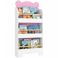 Qaba Kids Bookshelf, 3-tier Book Shelf Organizer, Bear Theme Toddler Space-saving Wall Bookcase For Living Room, Kids Room, Playroom, Pink