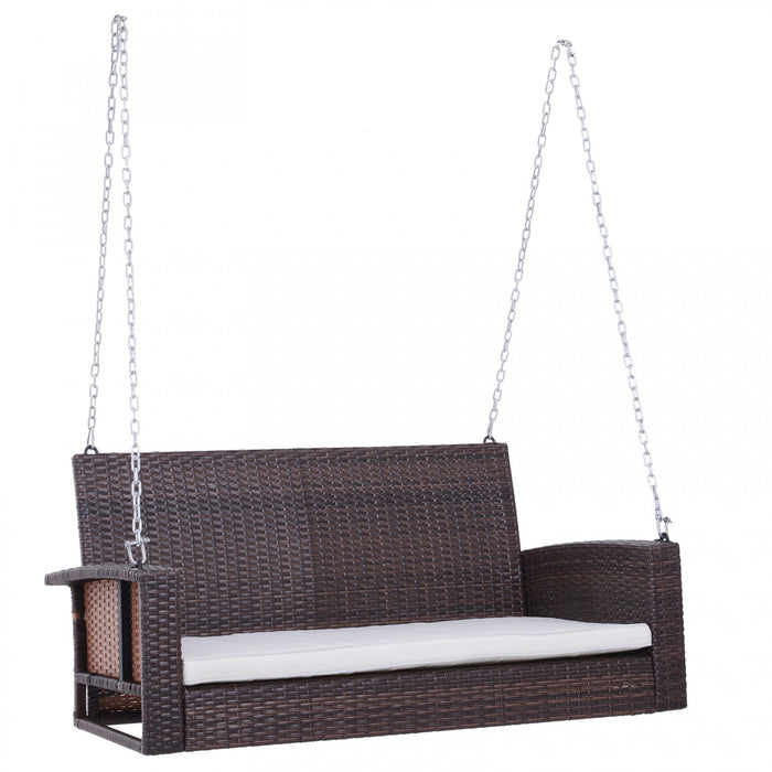 Outsunny 2-person Patio Porch Swing Chair, Outdoor Rattan Hanging Bench With Cushion & 7.2 Ft Steel Chains, Beige