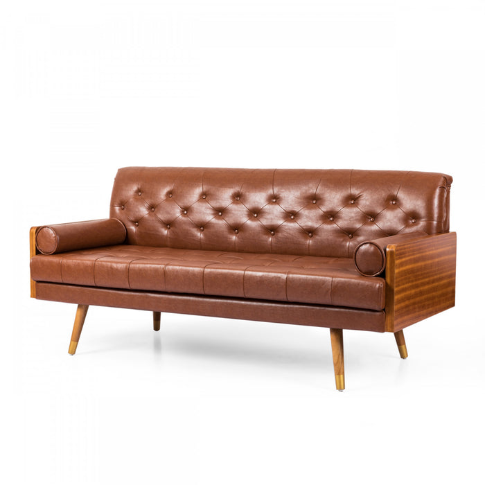 Aidan 3-seater Tufted Pu Leather Sofa With Rolled Pillows - Light Brown