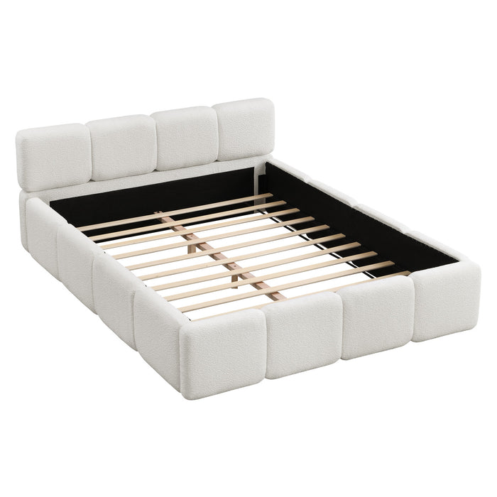 Aiden Platform Bed with Supportive Upholstered Frame in Boucle Fabric,Queen Size,White Queen Bed