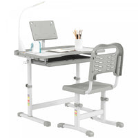 Qaba Kids Desk And Chair Set Height Adjustable Student Writing Desk Children School Study Table With Tilt Desktop, Led Lamp, Pen Box, Drawer, Reading Board, Cupholder, Grey