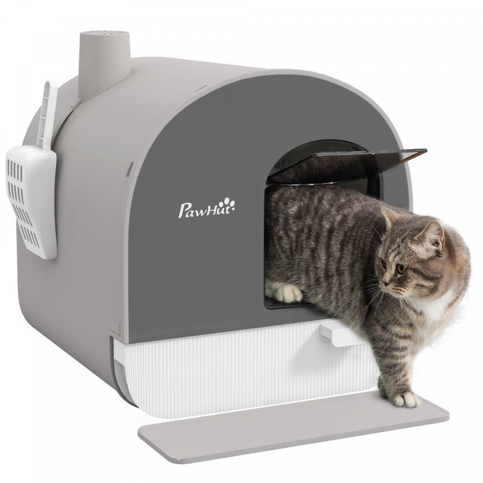Pawhut Cat Litter Box With Lid, Enclosed Kitty Litter Box With Removable Tray, Scoop, Filter, Light Grey