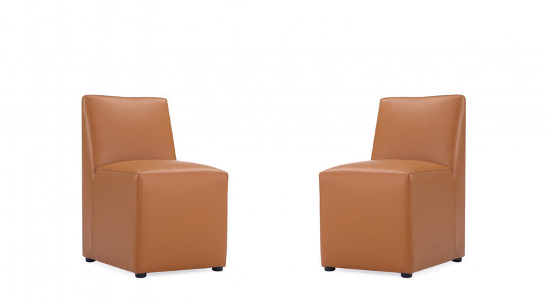 Anna Square Modern Vegan Leather Dining Chair in Saddle Brown - Set of 2
