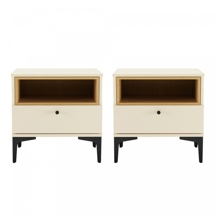 Amara Modern 20\" Nightstand in Cream and Light Oak (1-Drawer) - Set of 2