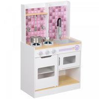 Qaba Play Kitchen, Kids Kitchen Playset With Realistic Lights & Sounds, Sink, Oven, Stove, Pretend P