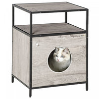 Pawhut Wooden Cat House Kitty Shelter Bed With Washable Cushion And Open Shelf, Grey, 19